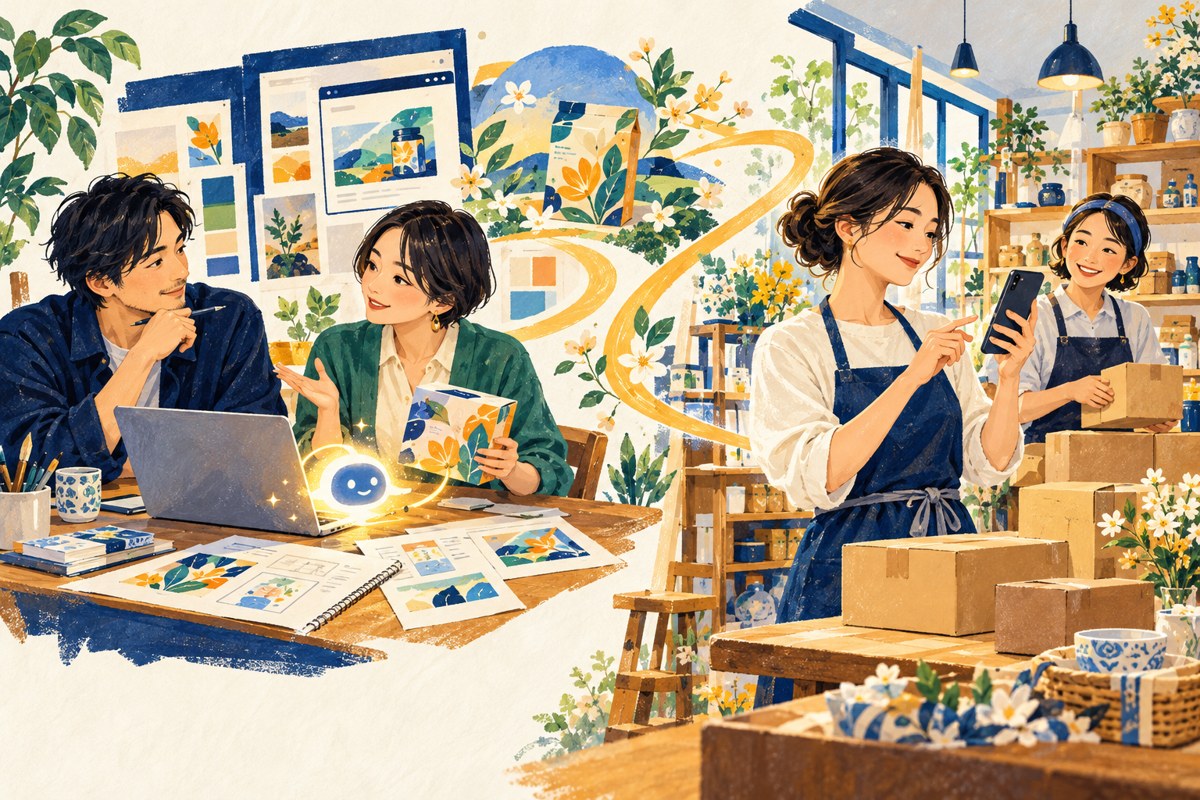 デザインの相談と、スマートフォンを使った仕事の工夫を描いた11月例会のイラスト